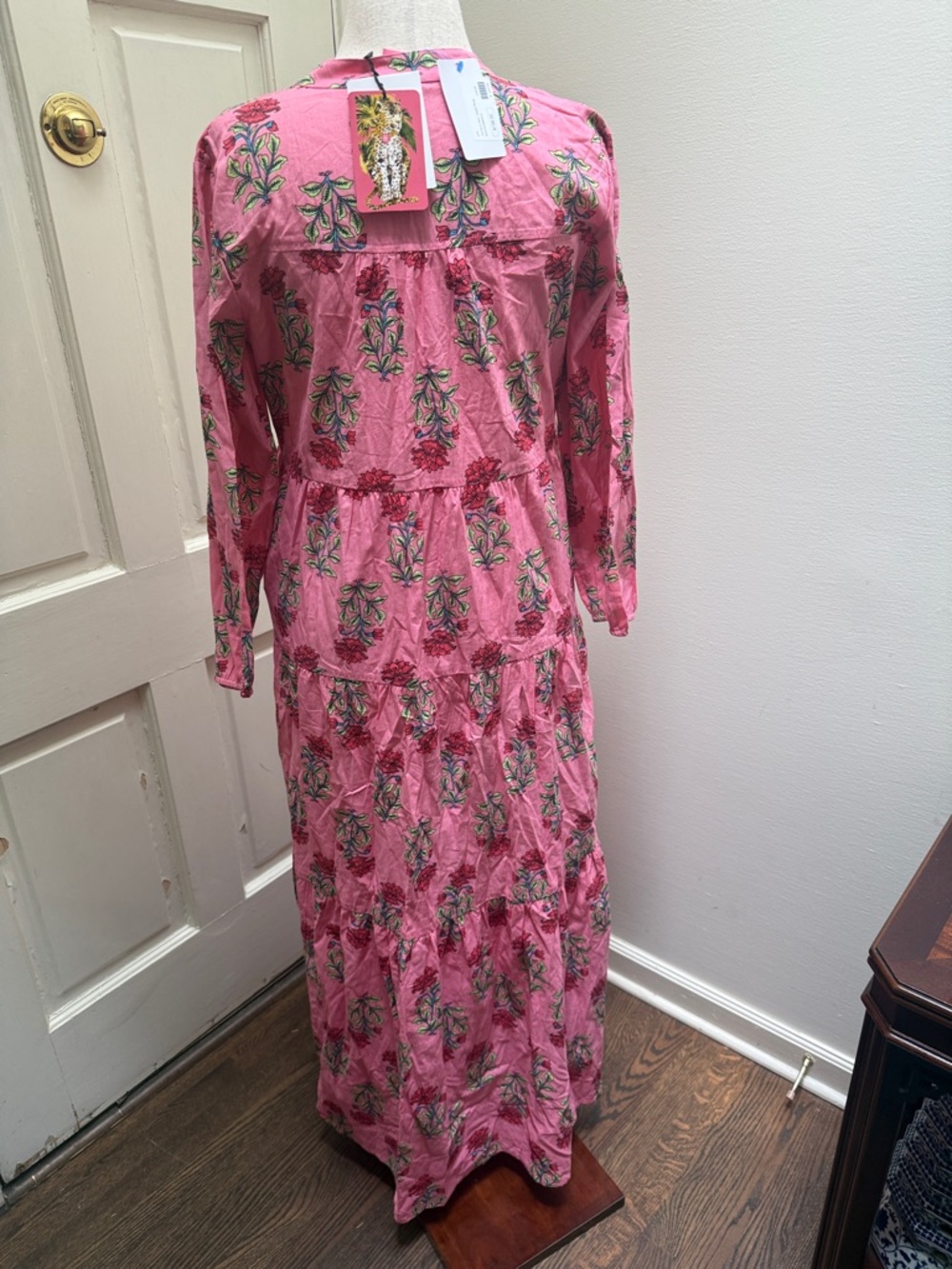 Pink Floral Tiered Maxi Dress with Button V-Neck - Picture 3 of 3